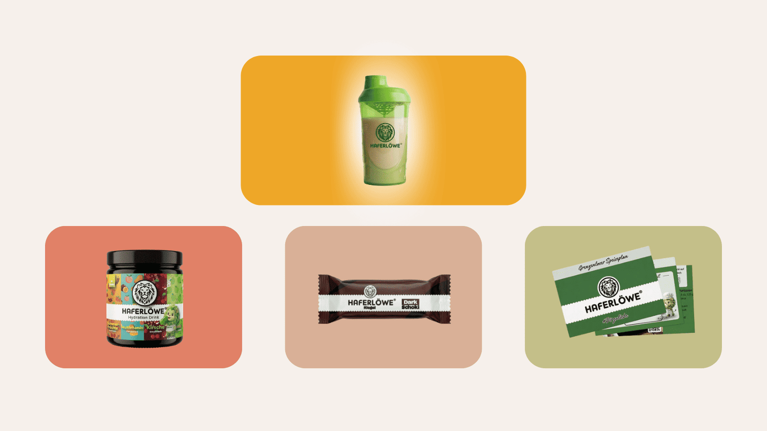 Die Bausteine des HAFERLÖWE DIA2®-Konzepts: DIA2®-Shake im Shaker, Hydration Drink, DIA2®-Riegel und Grenzenloser Speiseplan
