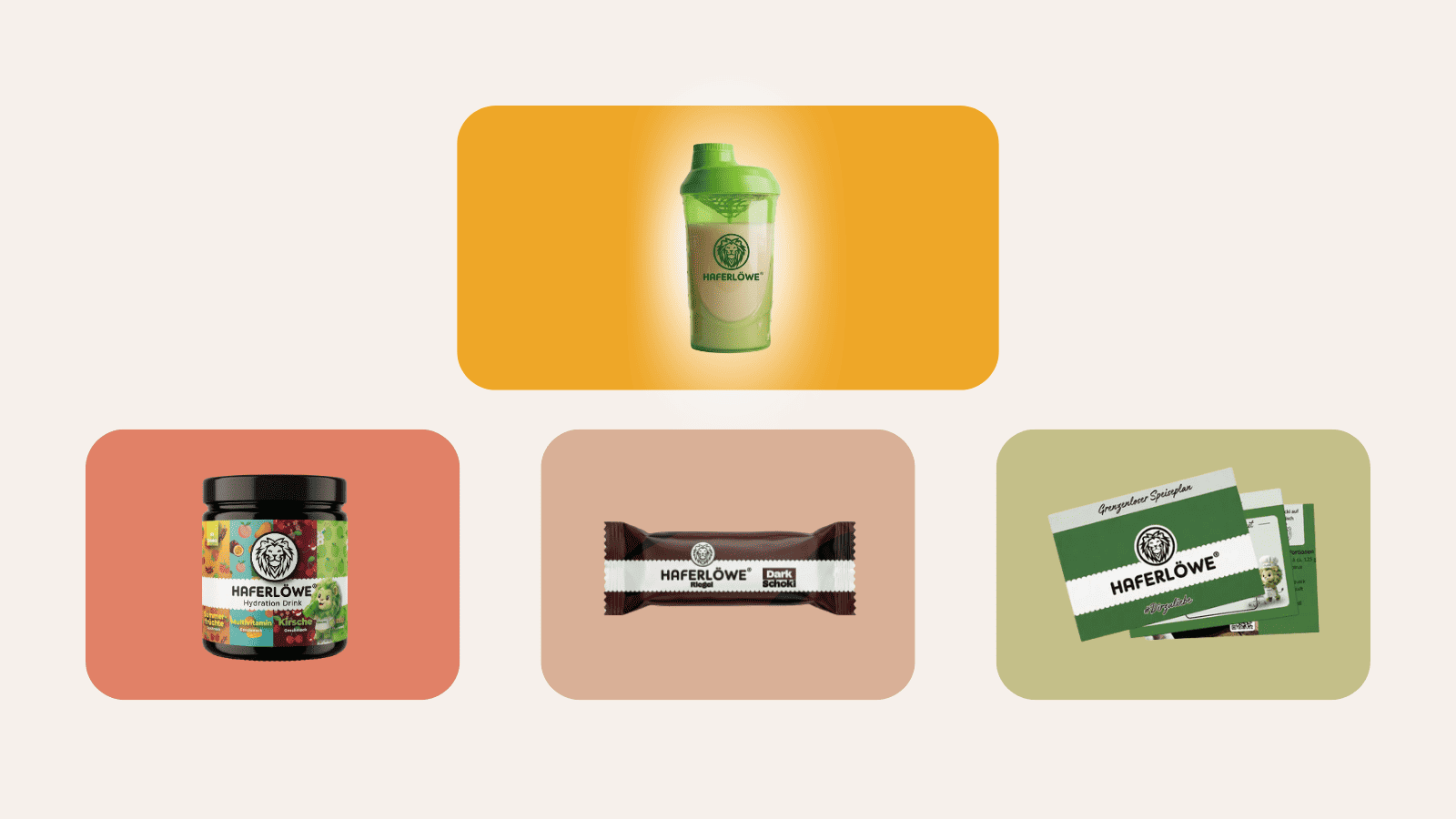 Die Bausteine des HAFERLÖWE DIA2®-Konzepts: DIA2®-Shake im Shaker, Hydration Drink, DIA2®-Riegel und Grenzenloser Speiseplan