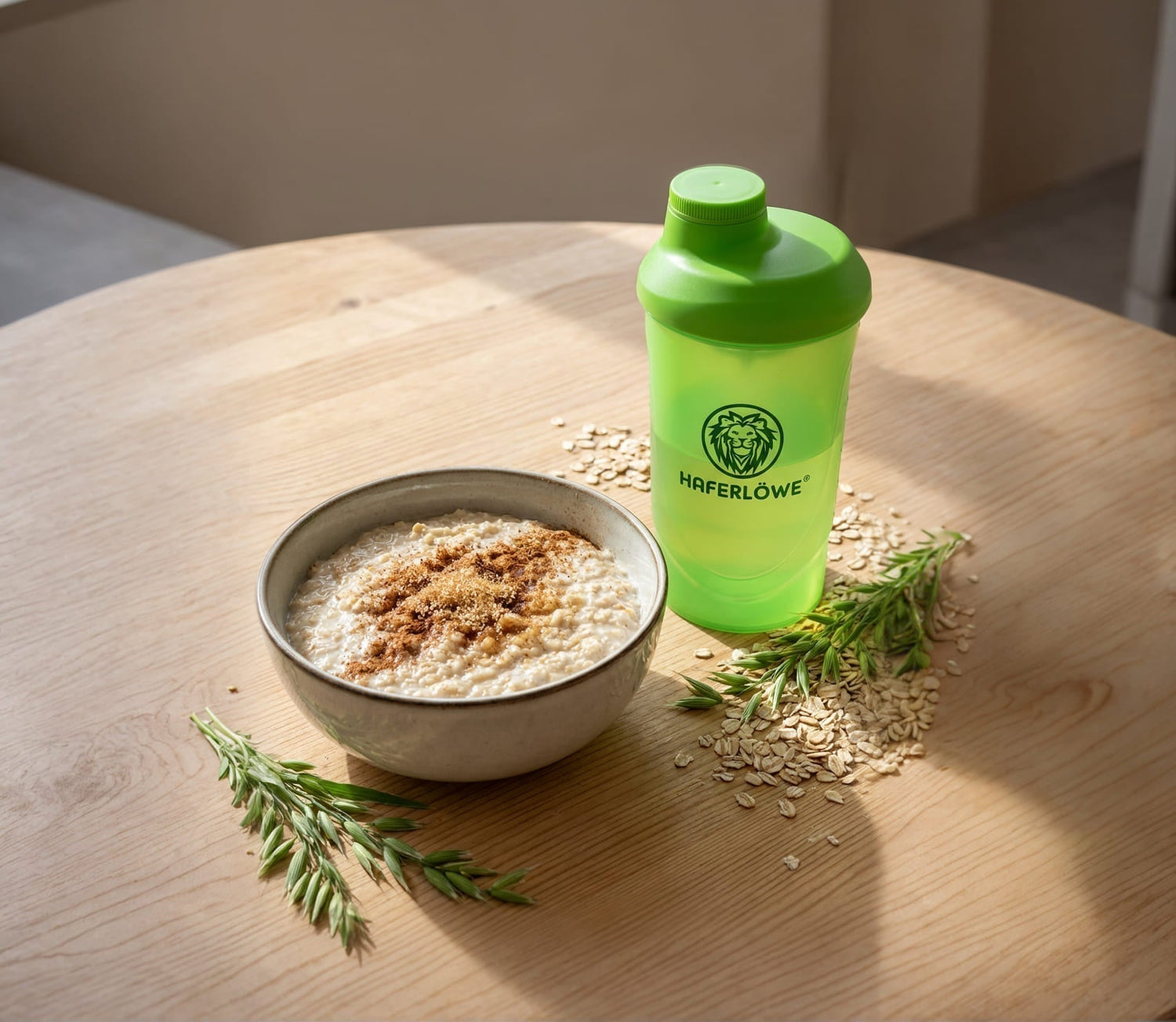 Haferkur mit HAFERLÖWE: Haferbrei mit Zimt und grüner Shaker auf einem Holztisch