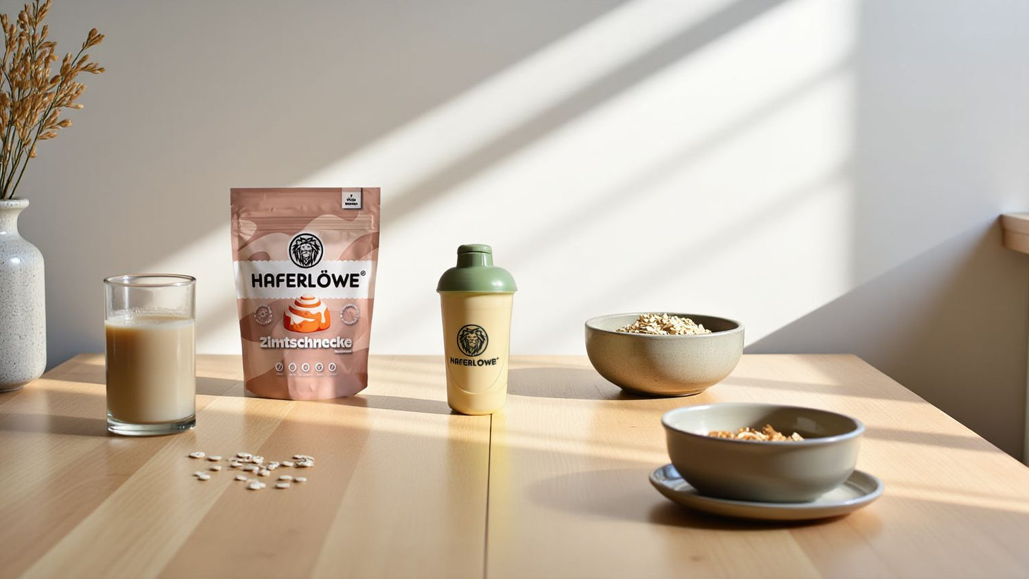 HAFERLÖWE-Shake, Shaker und Produktbeutel auf einem Tisch – moderne Alternative zu klassischen Hafertagen