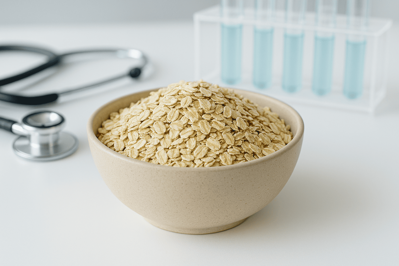 Schüssel mit Haferflocken und Stethoskop – Hafertage als medizinisch empfohlene Ernährungsmethode bei Insulinresistenz