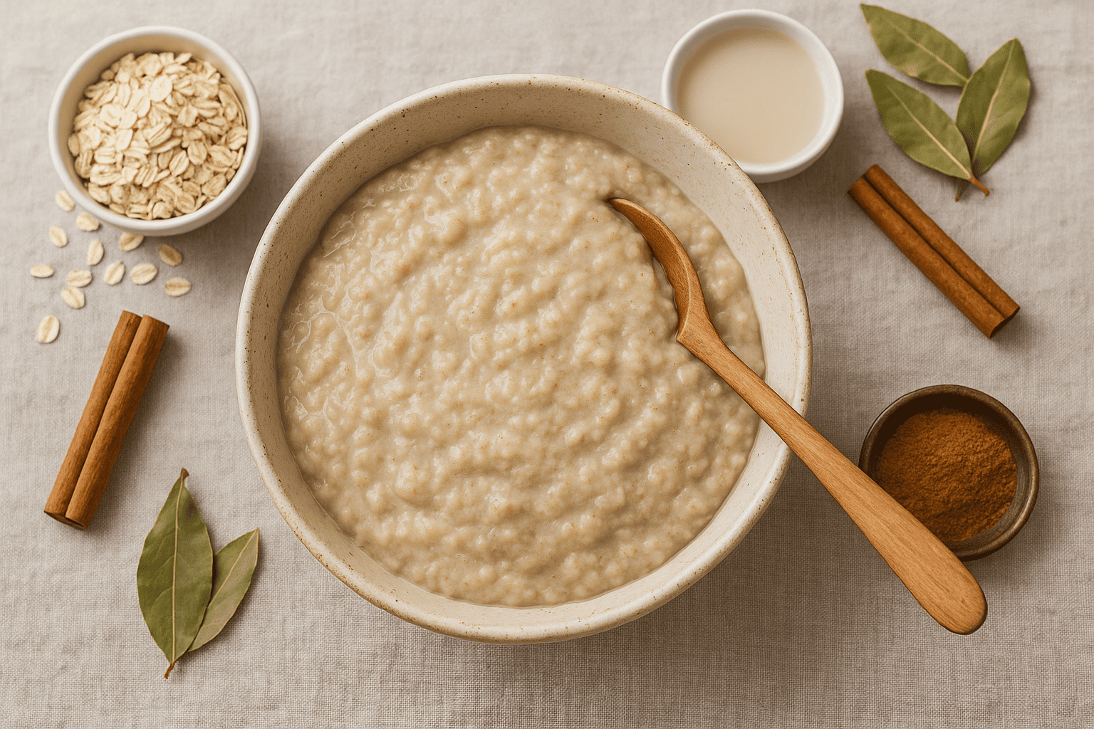 Schüssel mit Haferbrei, Zimtstangen und Kräutern – leckere Hafertage Rezepte für stabilen Blutzucker