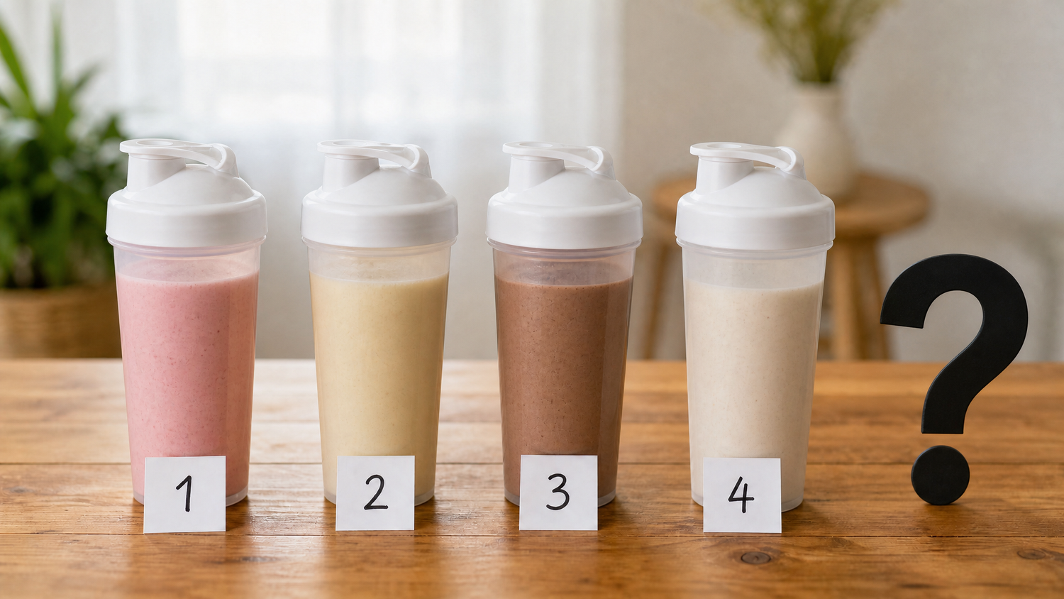 Vier nummerierte Shaker mit verschieden farbigen Shakes und ein Fragezeichen – welcher Shake ist bei Diabetes geeignet?