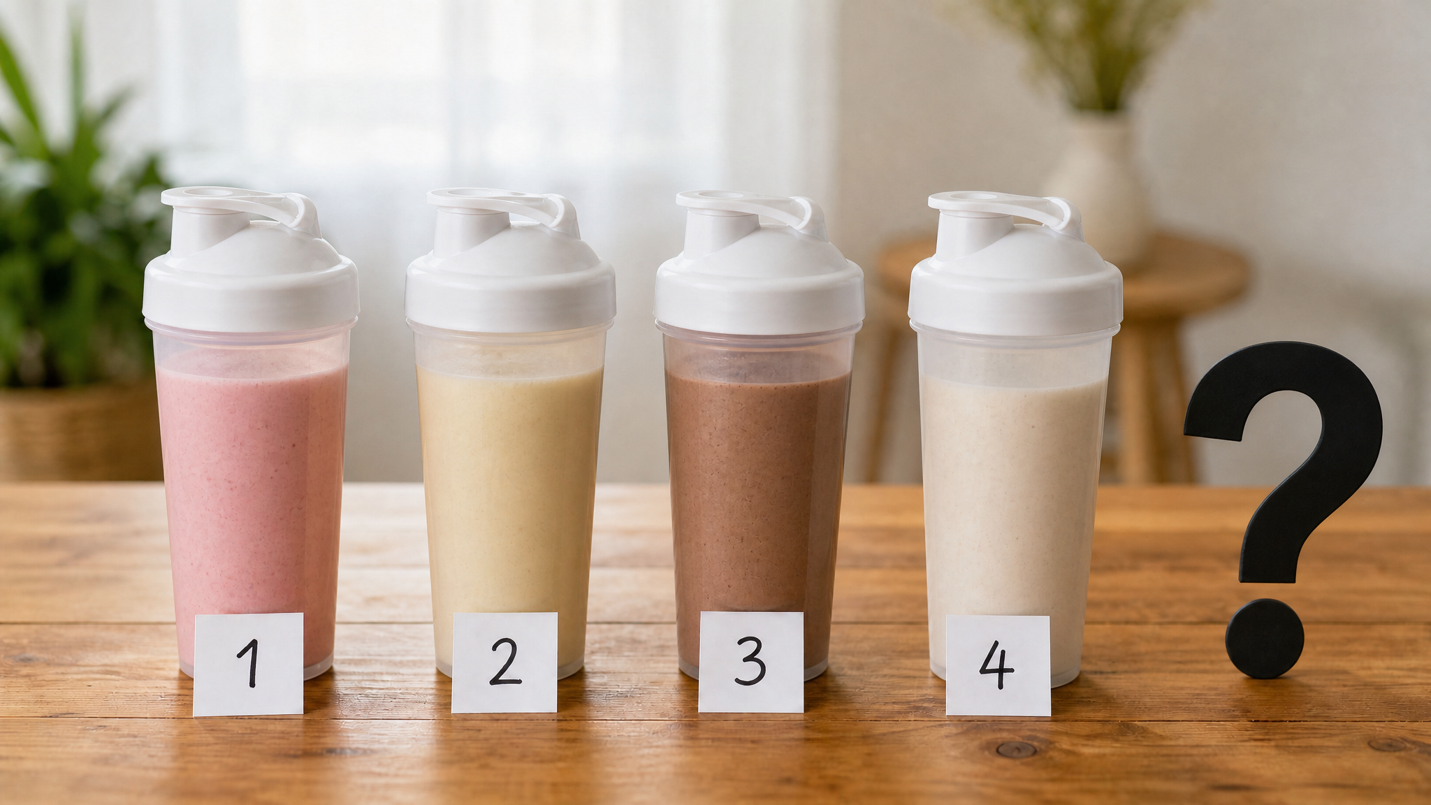 Vier nummerierte Shaker mit verschieden farbigen Shakes und ein Fragezeichen – welcher Shake ist bei Diabetes geeignet?