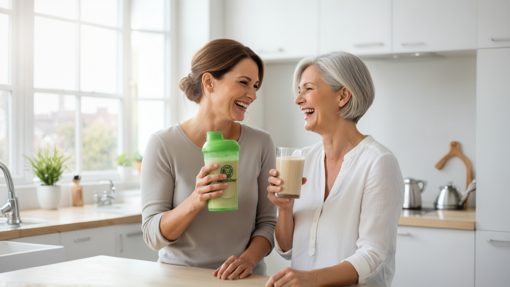 Zwei Freundinnen genießen gemeinsam HAFERLÖWE DIA2®-Shakes für stabile Zuckerwerte im Alltag