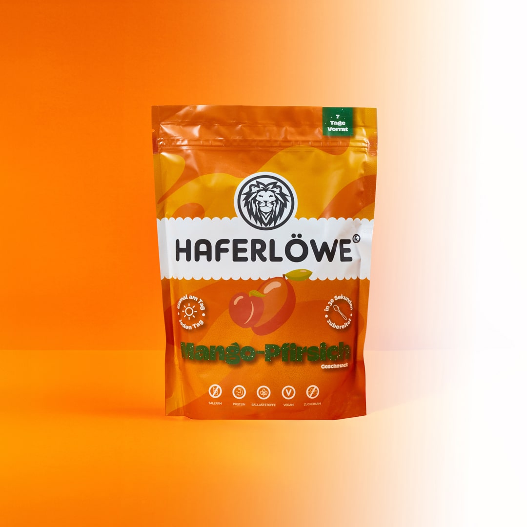 Tüte HAFERLÖWE Mango Pfirsich für Blutzucker bewusste Ernährung und Hafertage