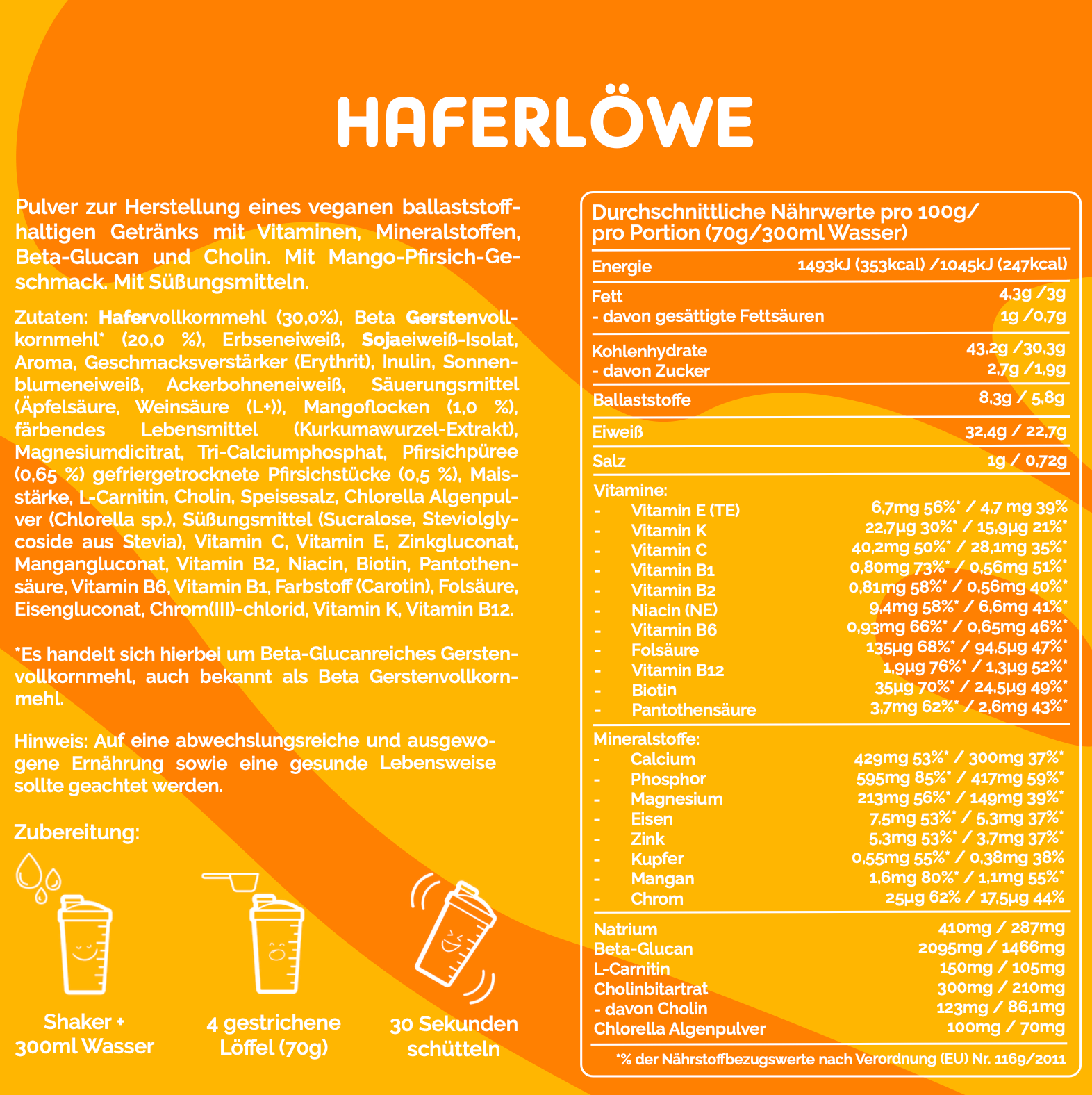 Auflistung aller Inhaltsstoffe und Nährwertangaben von Mango Pfirsich