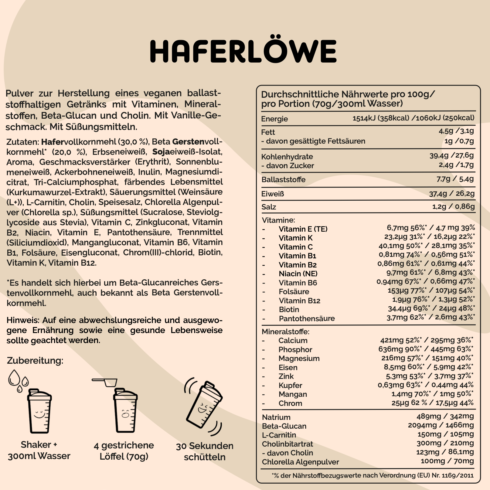 Auflistung aller Inhaltsstoffe und Nährwertangaben von Vanille