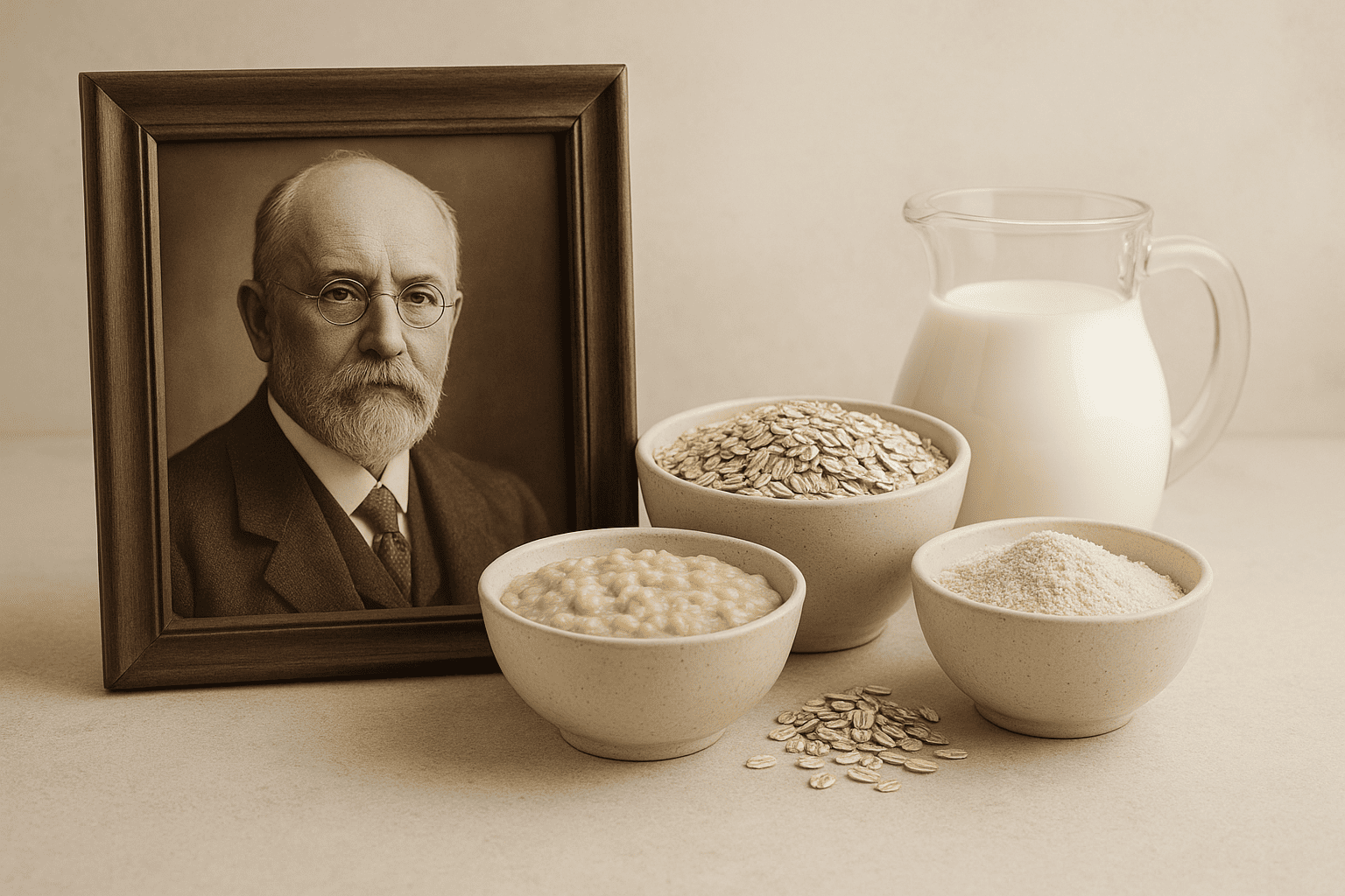 Historisches Portrait von Dr. Carl von Noorden neben Haferflocken – der Begründer der Hafertage vor 120 Jahren