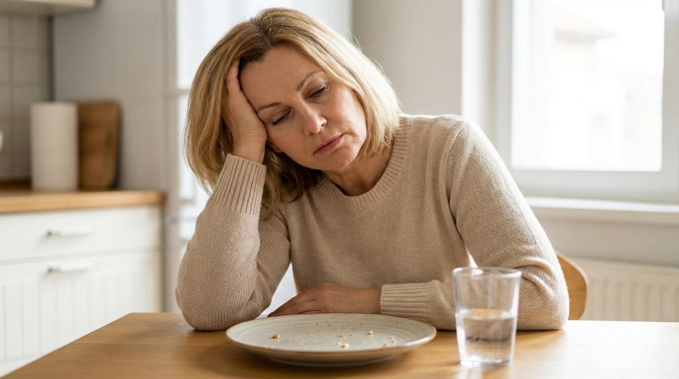 Erschöpfte Frau vor leerem Teller und Wasserglas – ständig müde nach dem Essen durch schwankenden Blutzucker