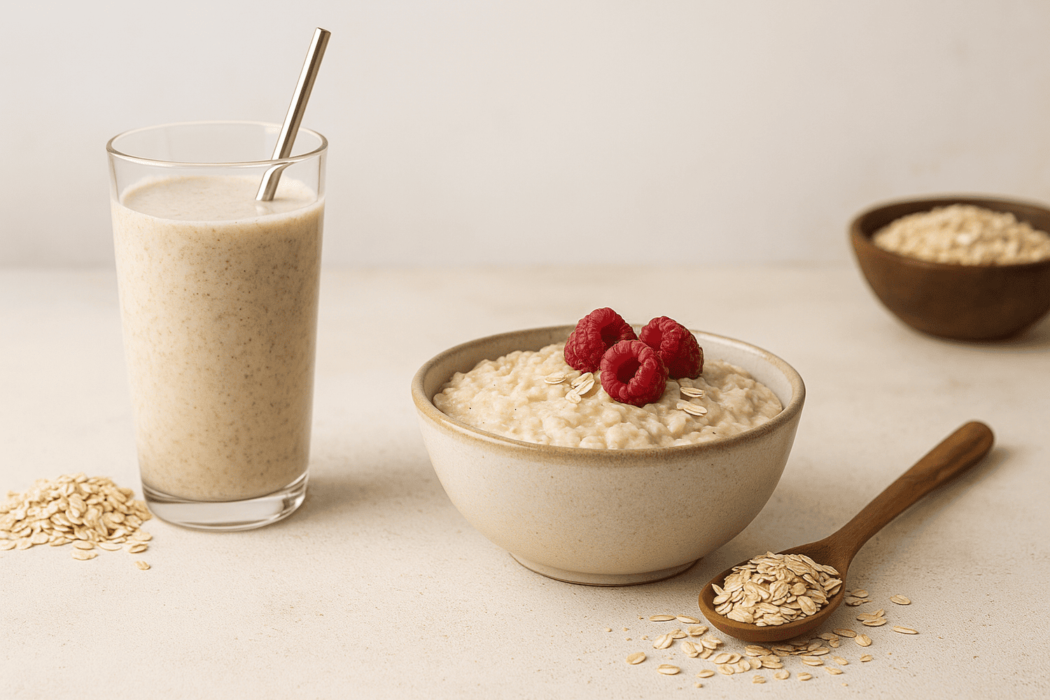Hafershake im Glas und Schüssel mit Haferflocken und Beeren – Hafer zur natürlichen Stabilisierung des Blutzuckerspiegels