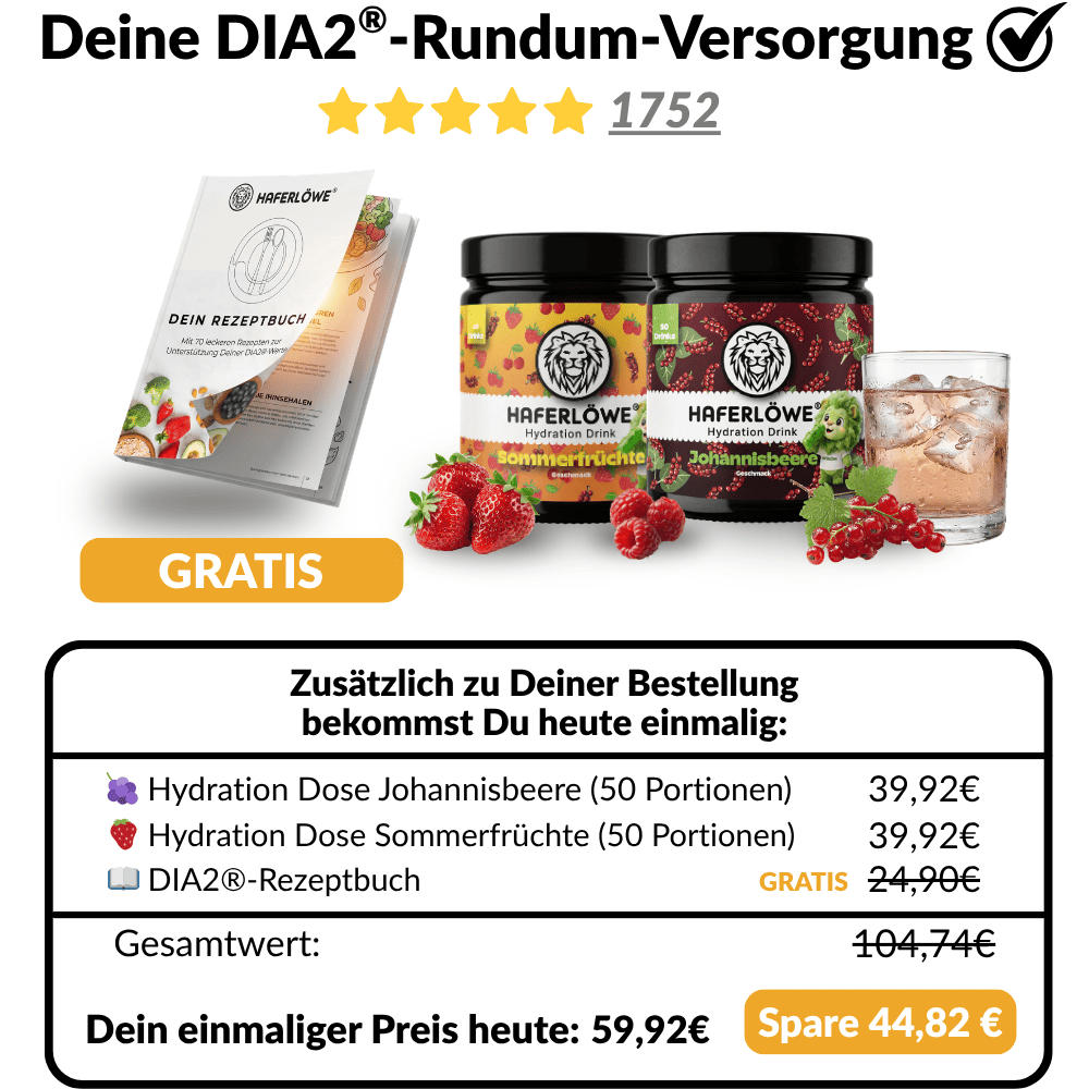 DIA2®-Komplett-Angebot (1x Hydration Johannisbeere + 1x Hydration Sommerfrüchte + 1x DIA2®-Rezeptbuch gratis)