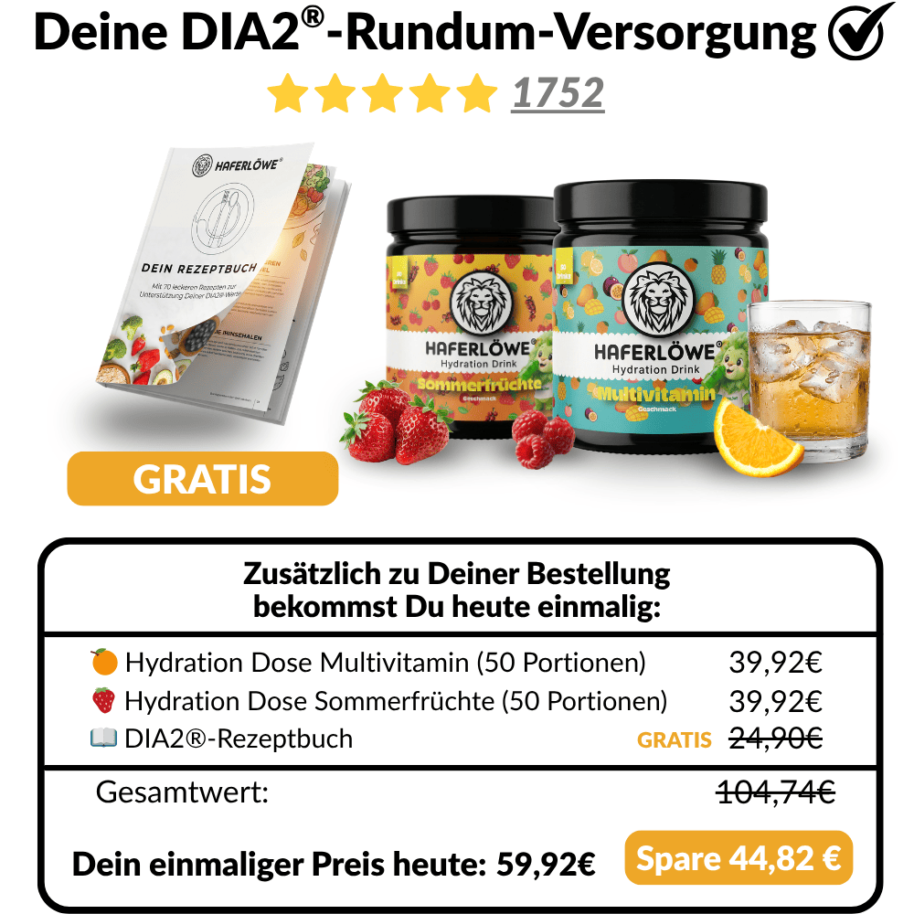 DIA2®-Komplett-Angebot (1x Hydration Multivitamin + 1x Hydration Sommerfrüchte + 1x DIA2®-Rezeptbuch gratis)